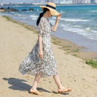 【法式碎花仙女裙】夏V领收腰度假风茶歇裙泡泡袖连衣裙女中长款