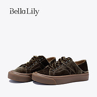 Bella Lily2024夏季绒面透气帆布鞋女可踩后跟板鞋两穿休闲鞋 棕色 35
