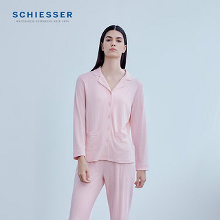 舒雅（Schiesser）女士棉莫代尔翻领开衫抽针双面布长袖长裤睡衣家居套装E0/21846H 粉红7703 M