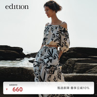 edition上衣女新款一字肩复古泡泡袖印花短款衬衣气质显瘦 杏底黑花色