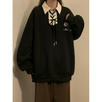 QGF美式polo领卫衣女春秋季复古港味设计感宽松百搭休闲潮牌外套 黑色 L【115-130斤】