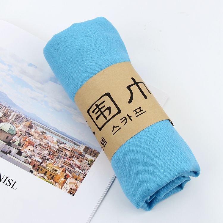艾罗帝朗 韩版纯色棉麻围巾女春夏季百搭薄款丝巾长款超大沙滩纱巾披肩两用 湖蓝色 棉麻-180*45cm