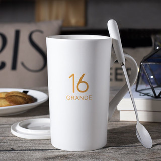 布丁瓷艺 创意陶瓷杯子马克杯 带盖带勺男女水杯简约咖啡杯牛奶杯 12竹盖+精品勺