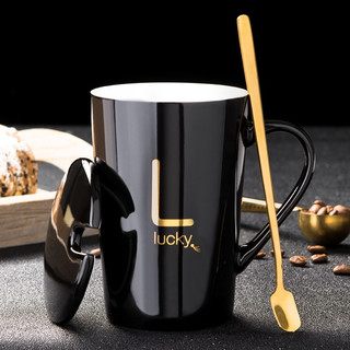 布丁瓷艺 创意陶瓷杯子马克杯 带盖带勺男女水杯简约咖啡杯牛奶杯 12竹盖+精品勺