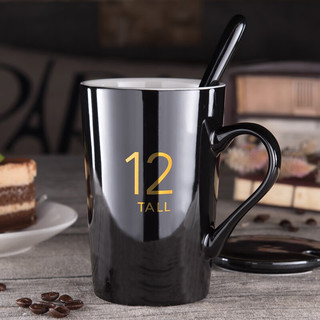 布丁瓷艺 创意陶瓷杯子马克杯 带盖带勺男女水杯简约咖啡杯牛奶杯 12竹盖+精品勺