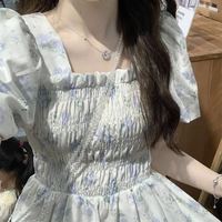 道花途 2024年雪纺新款法式甜美碎花连衣裙女气质小众短袖复古温柔长裙子 浅蓝碎花 XL 110-120斤