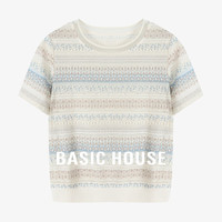 Basic House/百家好甜美冰丝针织衫镂空条纹小众短袖上衣夏季新款 杏色