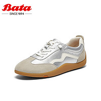 Bata 拔佳 休闲鞋女2024秋商场轻便通勤百搭羊皮德训运动鞋 ALI24CM4 银灰 37