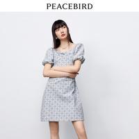 【印花牛仔连衣裙】夏满印胸前扭结收腰V领泡泡袖连衣裙女