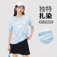 真维斯100%扎染圆领宽松短袖T恤女2024年夏季日常通勤百搭风半袖GX 蓝-白色蝴蝶结 S