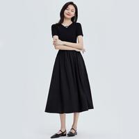 设计感镂空短袖连衣裙2024夏款A字裙修身长裙伞裙赫本风裙子