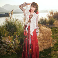 十三余小豆蔻儿红色少女针织马甲衬衫吊带裙汉元素套装 三件套  S