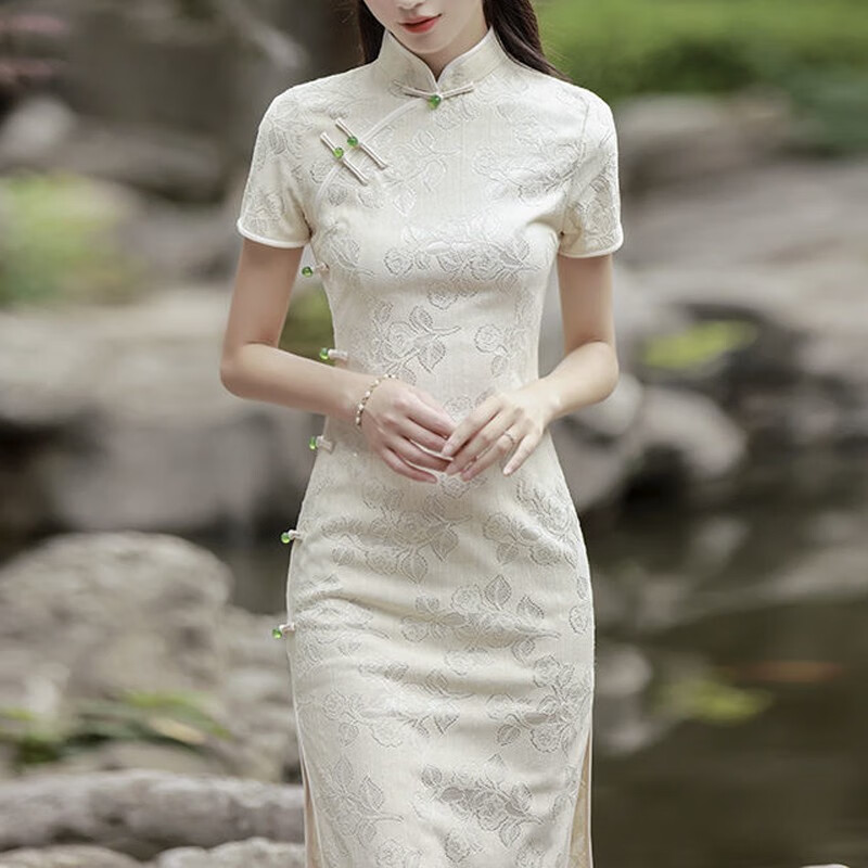 杜艳枝旗袍女夏感蚀骨年轻款少女高端气质法式改良民国复古 米白802 L100-110斤(105cm)