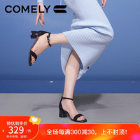 康莉（COMELY）一字带凉鞋女粗跟夏季羊皮中跟时尚百搭通勤时装凉鞋