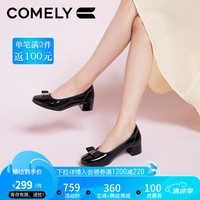 康莉漆皮单鞋女2024年春季新款真皮蝴蝶结粗跟舒适圆头约会通勤工作鞋