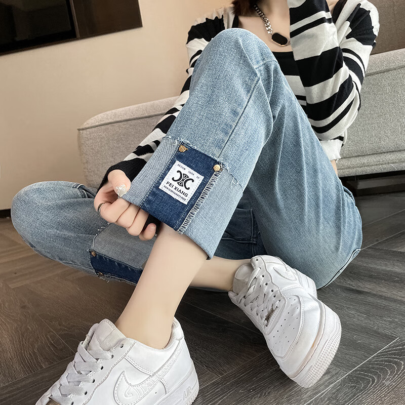 迈诺丹卷边烟管牛仔裤女春夏高腰弹力拼接翻边九分小个子直筒裤 s109复古蓝九分 XL