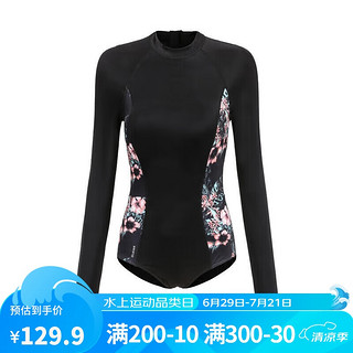 DECATHLON 迪卡侬 泳衣女夏游泳衣裙2022OVOT黑色碎花连体_带胸垫M-4557456