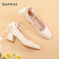 88VIP：DAPHNE 达芙妮 高跟鞋女2023年新款春夏法式珍珠玛丽珍鞋粗跟白色婚鞋单鞋