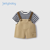 JELLYBABY韩版男童帅气套装夏季婴幼儿背带裤夏装薄儿童条纹两件套 卡其 120CM