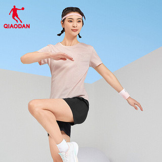 乔丹QIAODAN运动套装女夏季速干跑步套装短袖t恤女五分裤短裤两件套 薄纱粉花灰/黑色 2XL