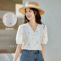 纯棉花边V领白衬衫女夏季法式气质刺绣短袖衬衣上衣
