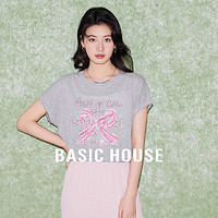 Basic House/百家好蝴蝶结字母冰丝针织衫女套头短袖上衣夏装 灰色 L