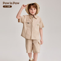 PawinPaw卡通小熊童装2024年夏季男童梭织短袖衬衫短裤套装 Beige米色/35 140cm