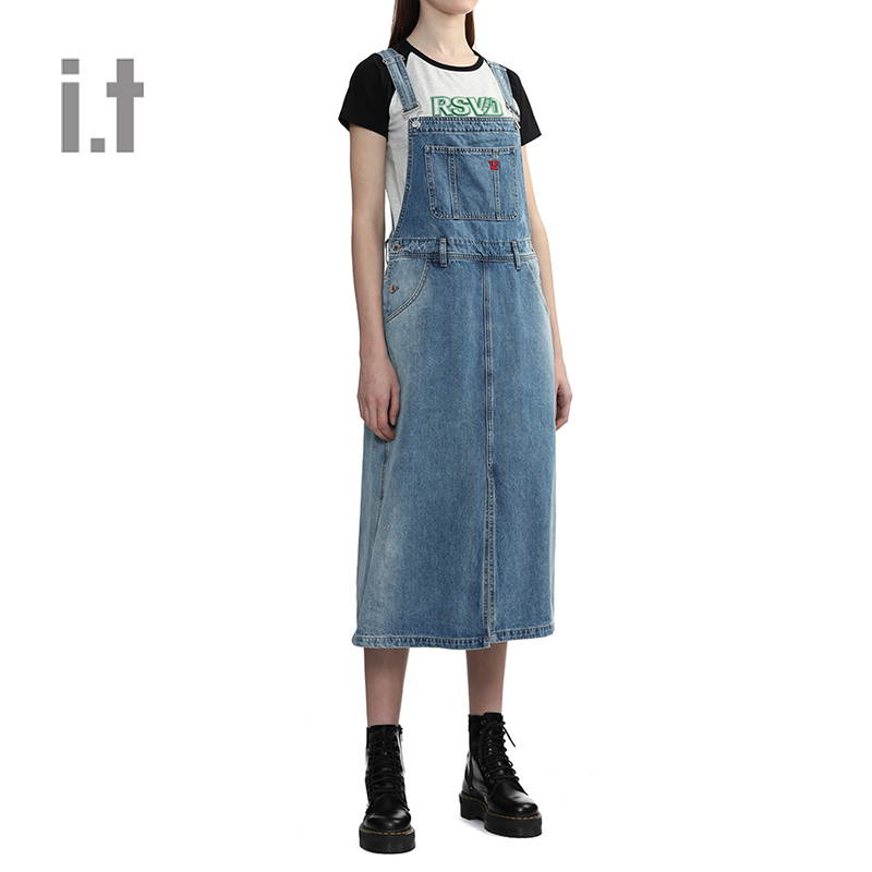 it izzue女装牛仔背带裙2024夏季青春时尚中长裙A字裙9502S4M