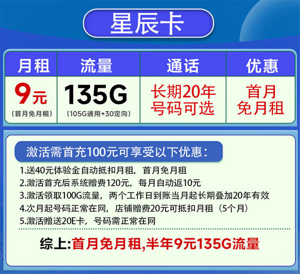 CHINA TELECOM 中国电信 星辰卡-半年9元月租（135G全国流量+可选号+流量长期可续约）激活赠送20E卡