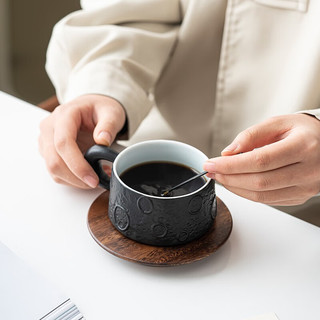 领艺星球咖啡杯日式现代简约奢华陶瓷下午茶花茶杯子精致家用带碟子 磨砂黑星球咖啡杯+木垫