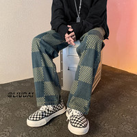 至唯格子直筒牛仔裤男夏季美式vibe痞帅休闲长裤春秋潮牌宽松阔腿裤子