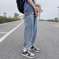 雪莱琼斯美式牛仔裤男夏季ins宽松潮流休闲直筒百搭潮牌青少年长裤子 中蓝 L