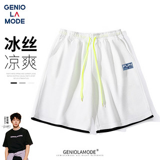 GENIOLAMODE短裤男韩版宽松运动休闲风五分裤简约系带百搭夏季裤子 浅灰-1 XL(130斤-150斤)