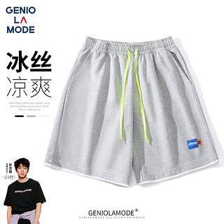 GENIOLAMODE短裤男韩版宽松运动休闲风五分裤简约系带百搭夏季裤子 浅灰-1 2XL(150斤-170斤)