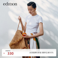 edition百搭短袖T恤女夏季后领织唛设计上衣打底衫长绒棉 漂白色 XS