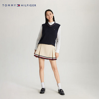 TOMMY HILFIGER 男女同款纯棉休闲通勤小绣标镶边V领合身版针织背心78J3976 藏青色FAP L