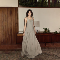 ochirly欧时力 亚麻吊带连衣裙中长裙露背绑带褶饰2024秋季 灰绿 XS