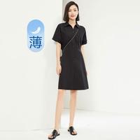 2024年春夏款纯棉梭织口袋收腰翻领连袖薄连衣裙女士