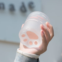 沐韩(MUHAN)水杯女生ins风简约可爱玻璃杯高颜值牛奶杯磨砂儿童杯子 粉花猫+猫爪勺400ml1只