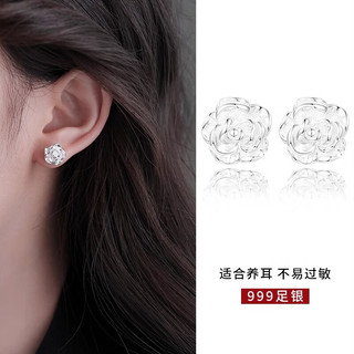 Lnieer999足银耳钉女山茶花养耳洞耳环花朵银耳钉2024新款高级感银耳饰