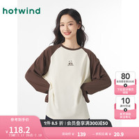 热风 hotwind长袖t恤女2024年秋季新款女士熊猫插画师插肩袖美式复古长T 81米灰