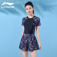 李宁 LI-NING泳衣女时尚连体平角休闲高腰修身显瘦高弹透气温泉泳装501黑花