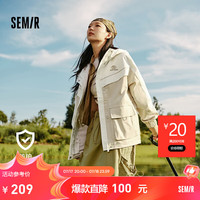 Semir森马外套女中长款三防拼色春秋宽松收腰连帽上衣