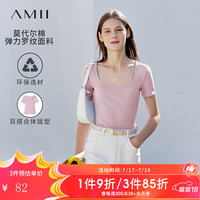 AMII2024夏休闲百搭莫代尔棉纯色U领方领短袖弹力T恤女上衣 壳粉 165/88A/L