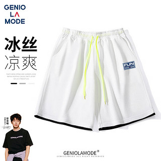 GENIOLAMODE品牌短裤男日常基础简约印花系带五分裤宽松时尚休闲百搭夏季裤子 白色 XL(130斤-150斤)