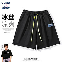 GENIOLAMODE品牌短裤男日常基础简约印花系带五分裤宽松时尚休闲百搭夏季裤子 黑色 L(110斤-130斤)