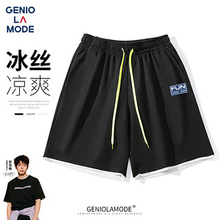 GENIOLAMODE品牌短裤男日常基础简约印花系带五分裤宽松时尚休闲百搭夏季裤子 黑色 4XL(180斤-200斤)