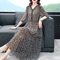 JRH JUN RONG HUANG碎花真丝连衣裙女装春秋季2022年轻款高端桑蚕丝款中长款裙子 深蓝色 XXL