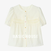 百家好（Basic House）Basic House/百家好莱赛尔纯色夏季甜美风拼接褶皱设计感短袖衬衫 米色 S