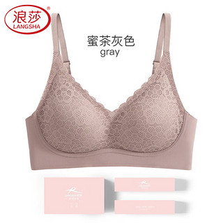 Langsha 浪莎 文胸内衣女聚拢收副乳显小薄款蕾丝无钢圈胸罩 蜜茶灰 S 性感蕾丝-蜜茶灰 S（适合70AB）